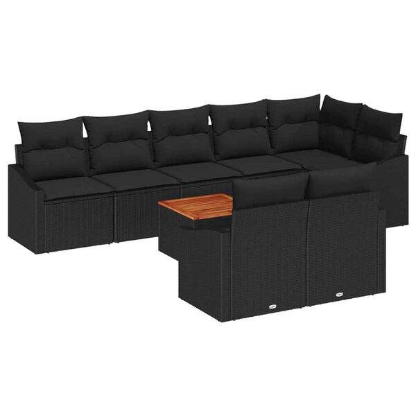 vidaXL Garden Sofa Set with Cushion 9 pcs Black Poly Rattan