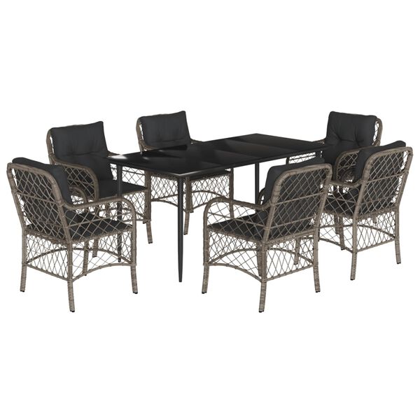 vidaXL 7 Piece Garden Dining Set with Cushions Grey Poly Rattan