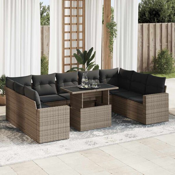 vidaXL 10 Piece Garden Sofa Set with Cushions Grey Poly Rattan