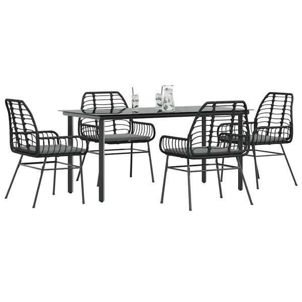 vidaXL 5 Piece Garden Dining Set with Cushions Black Poly Rattan Glass
