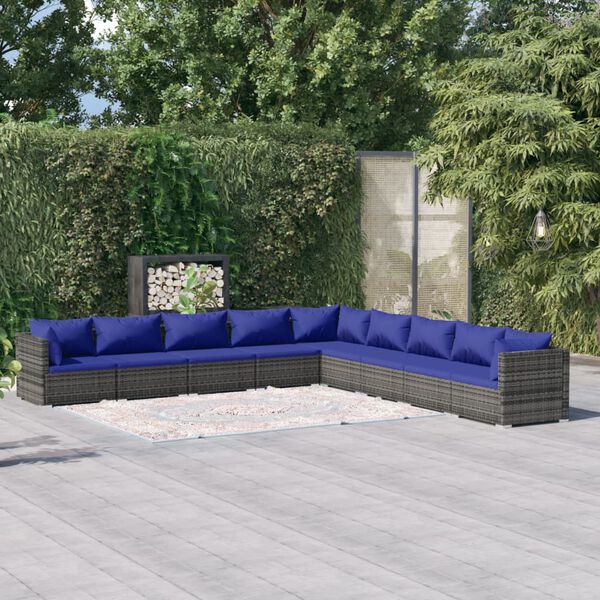vidaXL 9 Piece Garden Lounge Set with Cushions Poly Rattan Grey