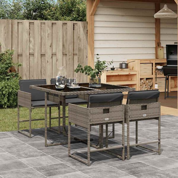 vidaXL 5 Piece Garden Dining Set with Cushions Grey Poly Rattan