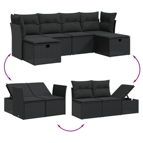 vidaXL 6 Piece Garden Sofa Set with Cushions Black Poly Rattan