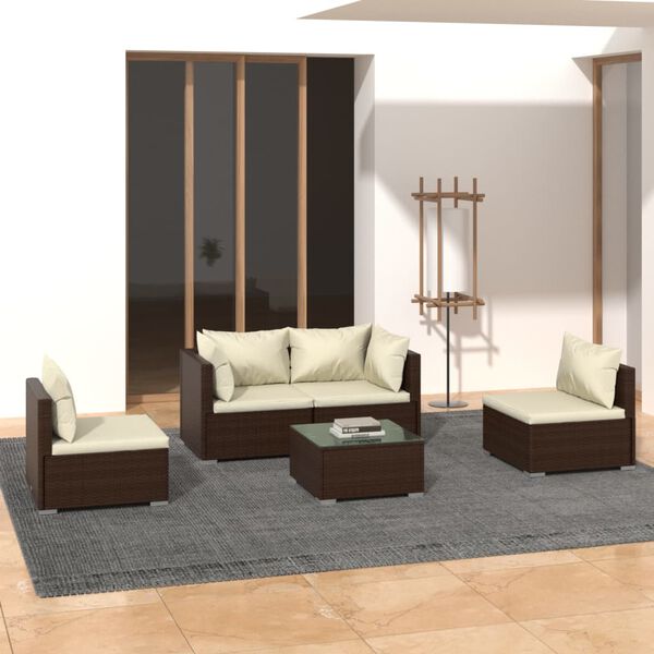 vidaXL 5 Piece Garden Lounge Set with Cushions Poly Rattan Brown