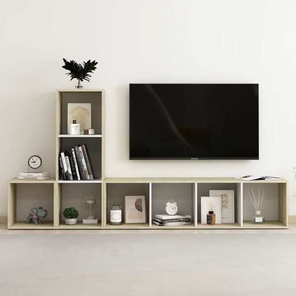 vidaXL 3 Piece TV Cabinet Set White and Sonoma Oak Engineered Wood