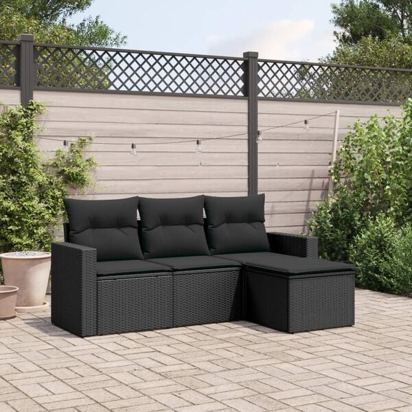 vidaXL 4 Piece Garden Sofa Set with Cushions Black Poly Rattan