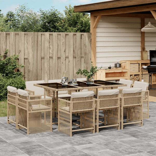 vidaXL 11 Piece Garden Dining Set with Cushions Beige Poly Rattan