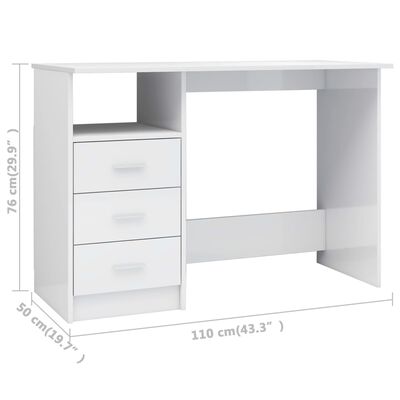 vidaXL Desk with Drawers High Gloss White 110x50x76 cm Engineered Wood