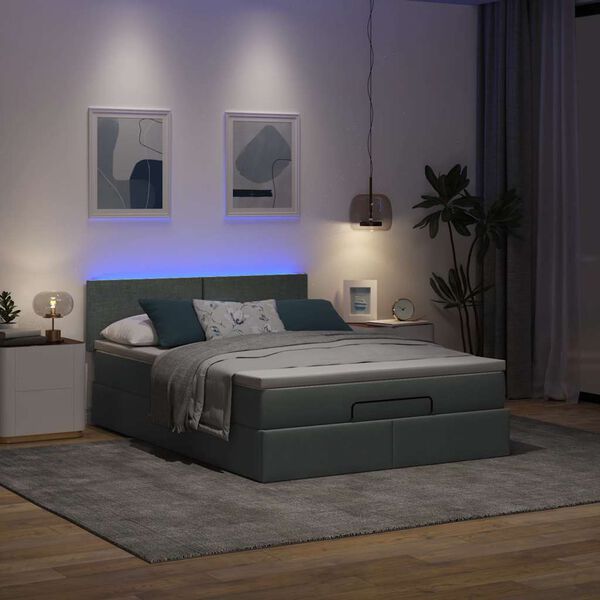 vidaXL Ottoman Bed with Mattress & LEDs Dark Grey Queen Fabric