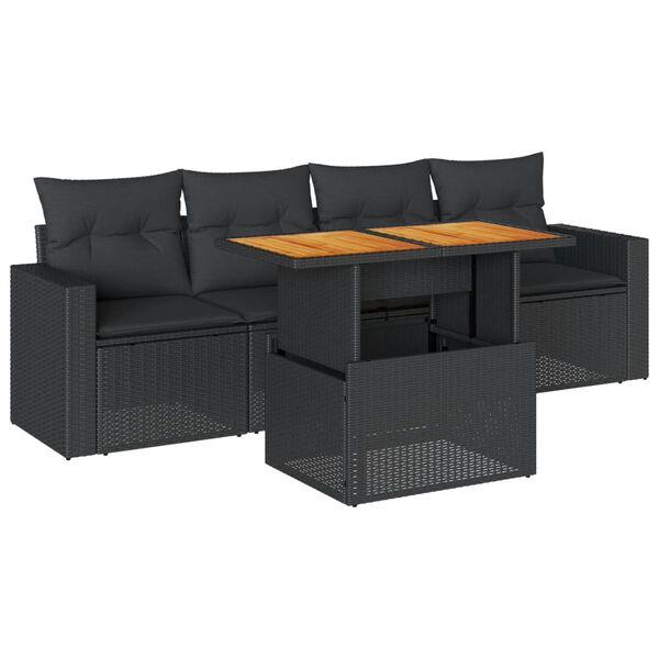vidaXL 5 Piece Garden Sofa Set with Cushions Black Poly Rattan