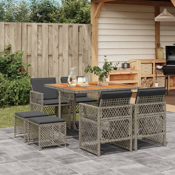 vidaXL 9 Piece Garden Dining Set with Cushions Grey Poly Rattan