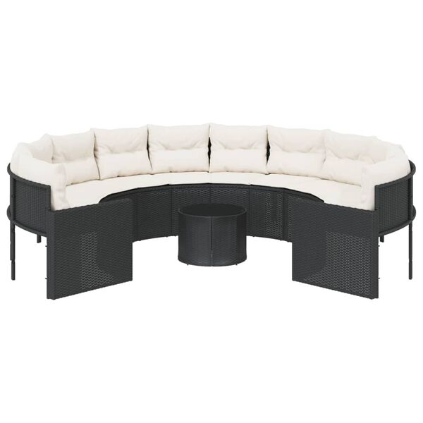 vidaXL Garden Sofa with Table and Cushions Round Black Poly Rattan
