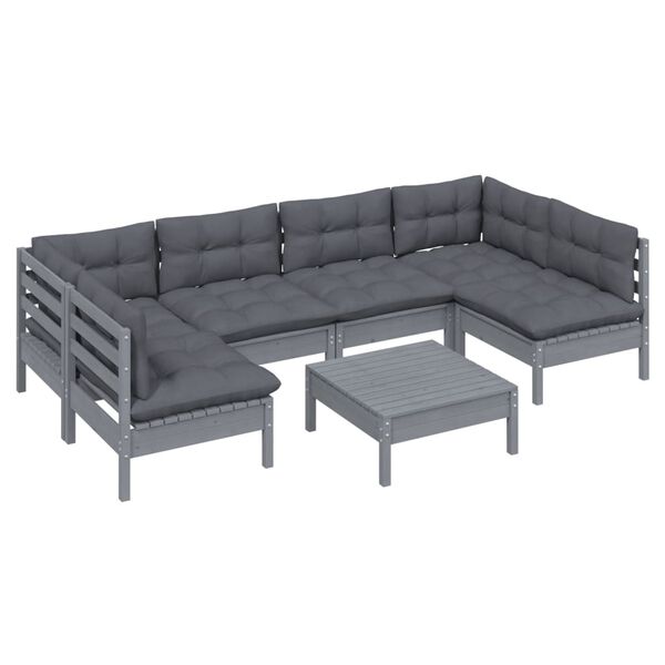 vidaXL 7 Piece Garden Lounge Set with Cushions Grey Solid Pinewood