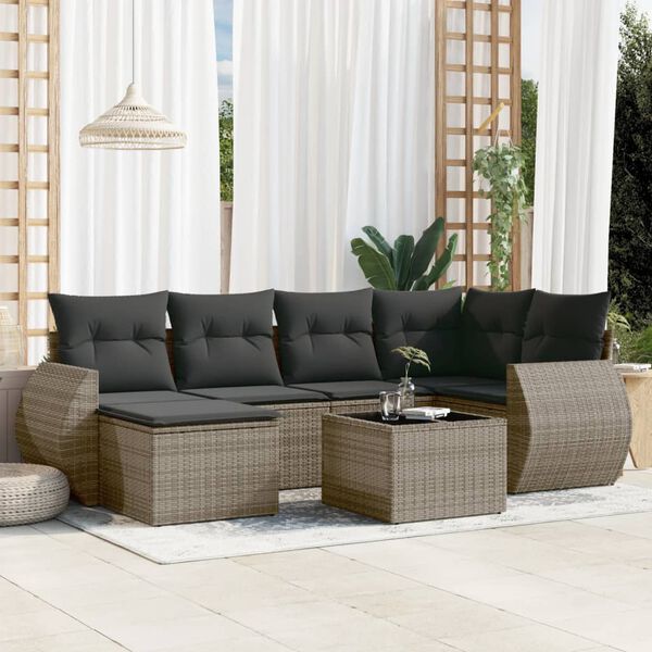 vidaXL 7 Piece Garden Sofa Set with Cushions Grey Poly Rattan