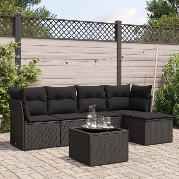 vidaXL 6 Piece Garden Sofa Set with Cushions Black Poly Rattan