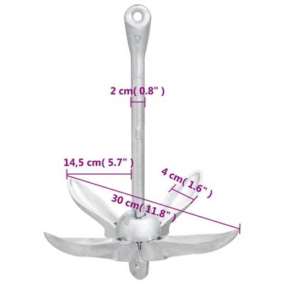 vidaXL Folding Anchor with Rope Silver 2.5 kg Malleable Iron