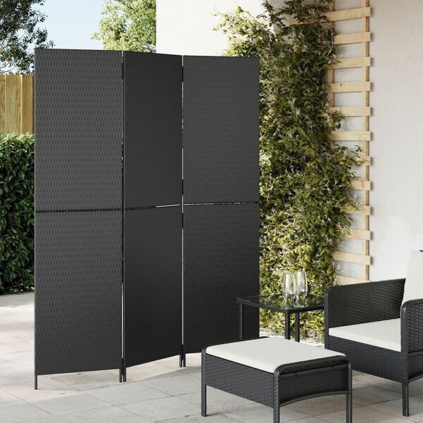 vidaXL Room Divider 3 Panels Black Poly Rattan