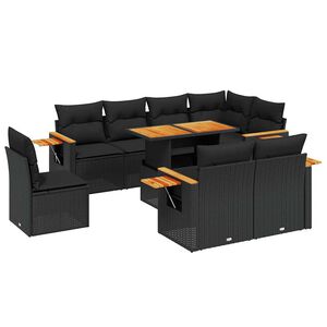 vidaXL 9 Piece Garden Sofa Set with Cushions Black Poly Rattan