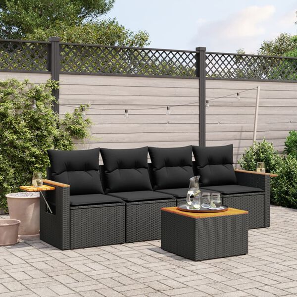 vidaXL 5 Piece Garden Sofa Set with Cushions Black Poly Rattan