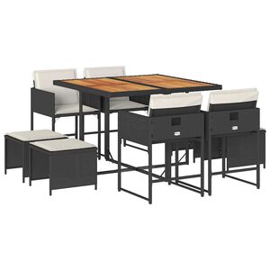 vidaXL 9 Piece Garden Dining Set with Cushions Black Poly Rattan