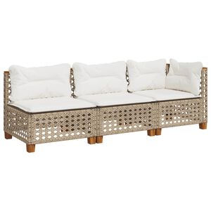 vidaXL Garden Sofa with Cushions 3-Seater Beige Poly Rattan