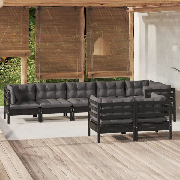 vidaXL 8 Piece Garden Lounge Set with Cushions Black Solid Pinewood