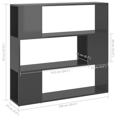 vidaXL Book Cabinet Room Divider High Gloss Grey 100x24x94 cm
