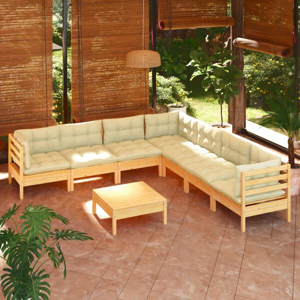 vidaXL 8 Piece Garden Lounge Set with Cream Cushions Solid Pinewood