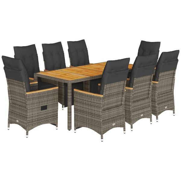 vidaXL 9 Piece Garden Bistro Set with Cushions Grey Poly Rattan