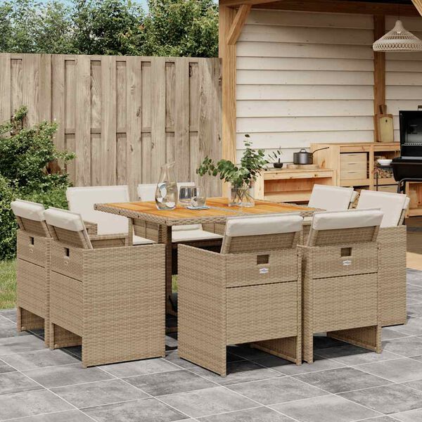 vidaXL 9 Piece Garden Dining Set with Cushions Beige Poly Rattan