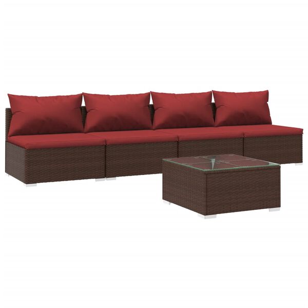 vidaXL 5 Piece Garden Lounge Set with Cushions Poly Rattan Brown