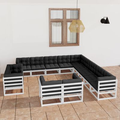 vidaXL 13 Piece Garden Lounge Set with Cushions White Solid Pinewood