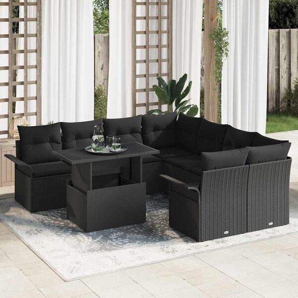 vidaXL Garden Sofa Set with Cushion 9 pcs Black Poly rattan