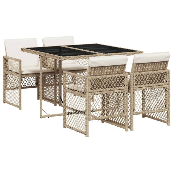 vidaXL 5 Piece Garden Dining Set with Cushions Beige Poly Rattan