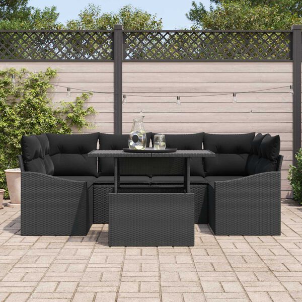 vidaXL Garden Sofa Set with Storage 7 pcs Black Poly rattan