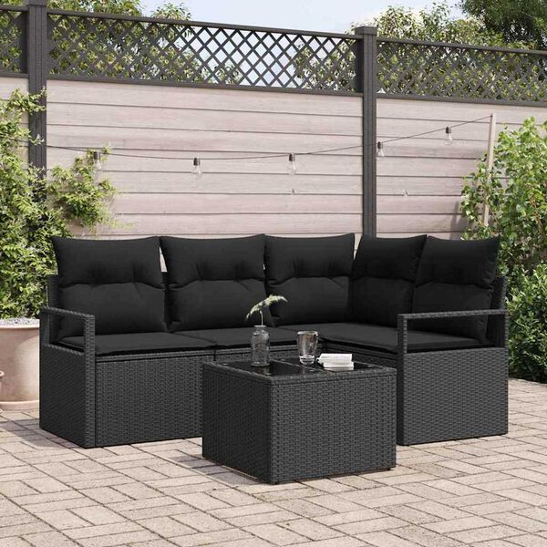 vidaXL Sofa Set with Cushion with Storage 5 pcs Black Poly Rattan