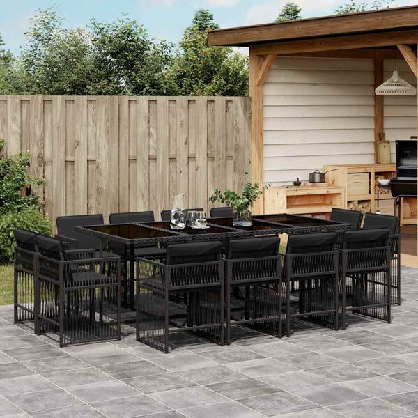 vidaXL 13 Piece Garden Dining Set with Cushions Black Poly Rattan