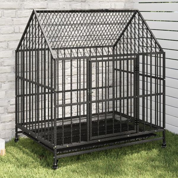 vidaXL Dog Cage with Wheels Black Galvanised Steel