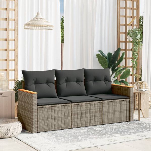 vidaXL 3 Piece Garden Sofa Set with Cushions Grey Poly Rattan