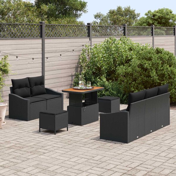 vidaXL Garden Sofa Set with Cushion 8 pcs Black Poly Rattan