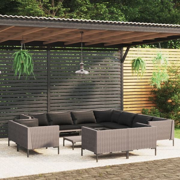 vidaXL 12 Piece Garden Lounge Set with Cushions Poly Rattan Dark Grey