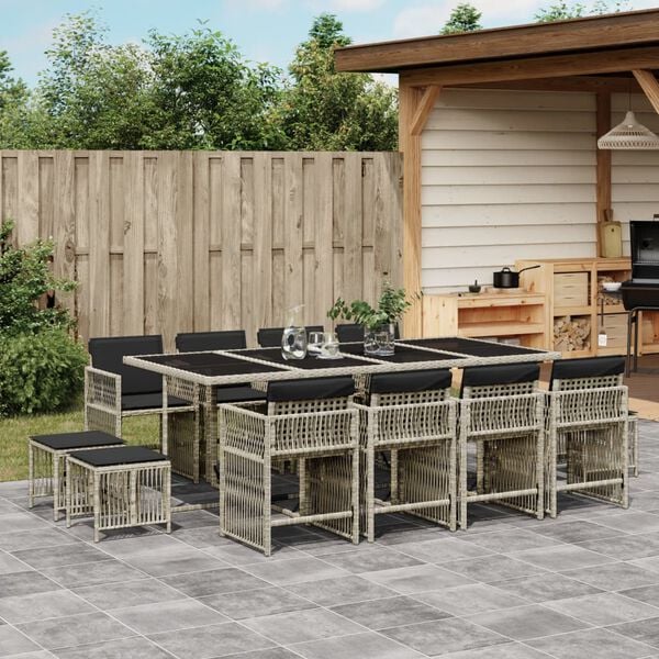 vidaXL 13 Piece Garden Dining Set with Cushions Light Grey Poly Rattan