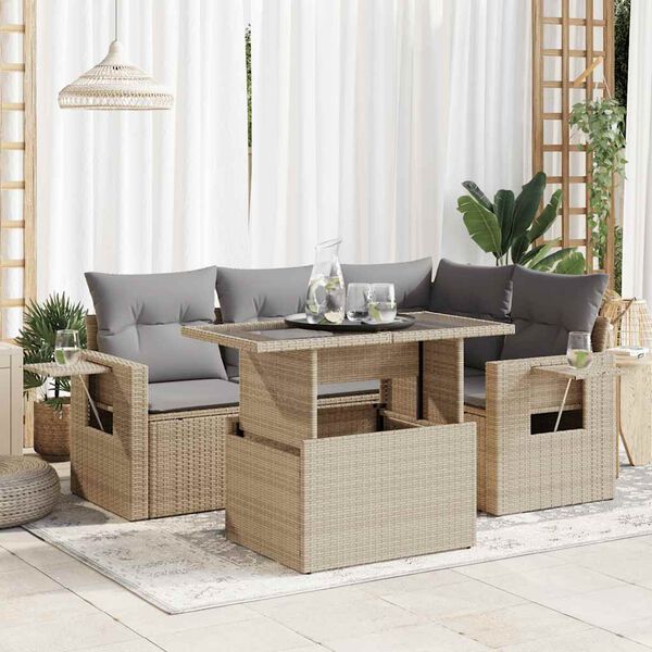 vidaXL 5 Piece Garden Sofa Set with Cushions Beige Poly Rattan