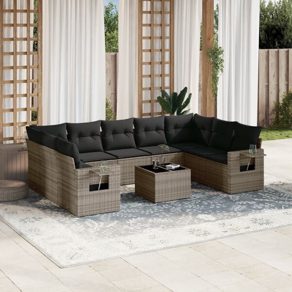 vidaXL 10 Piece Garden Sofa Set with Cushions Grey Poly Rattan
