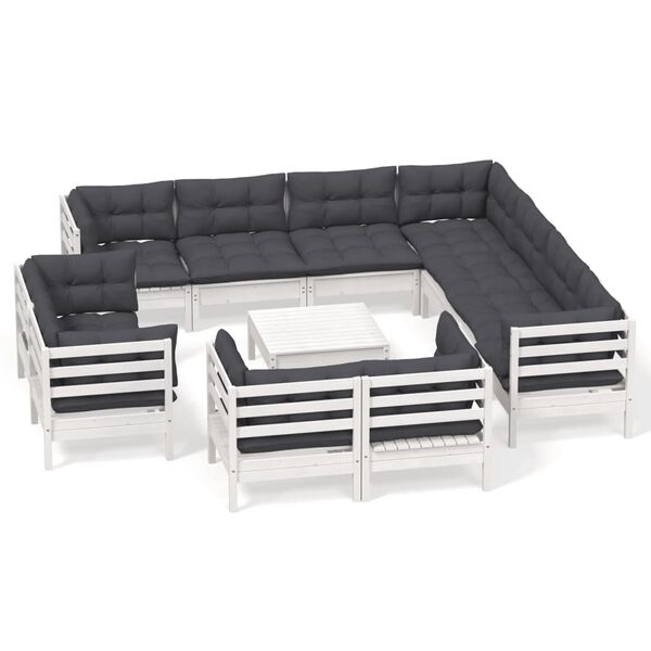 vidaXL 12 Piece Garden Lounge Set with Cushions White Solid Pinewood