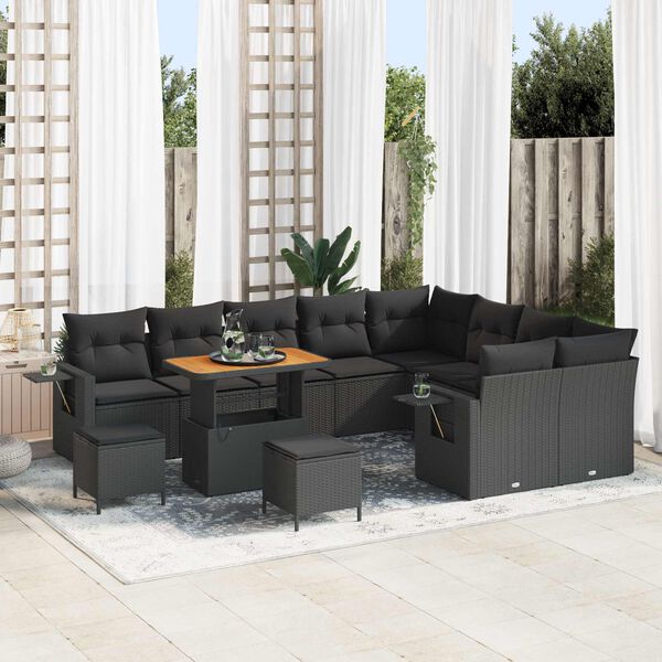 vidaXL Garden Sofa Set Height-Adjustable 12 pcs Black Poly Rattan