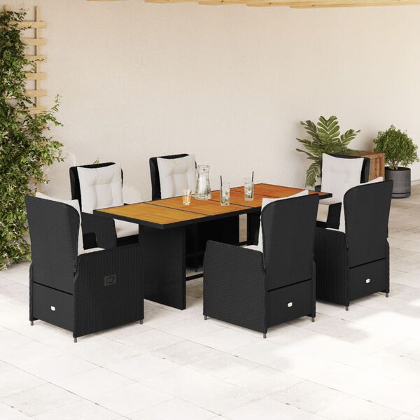 vidaXL 7 Piece Garden Dining Set with Cushions Black Poly Rattan