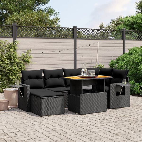 vidaXL 7 Piece Garden Sofa Set with Cushions Black Poly Rattan