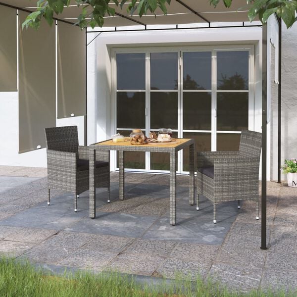 vidaXL 3 Piece Garden Dining Set Poly Rattan & Solid Acacia Wood Grey
