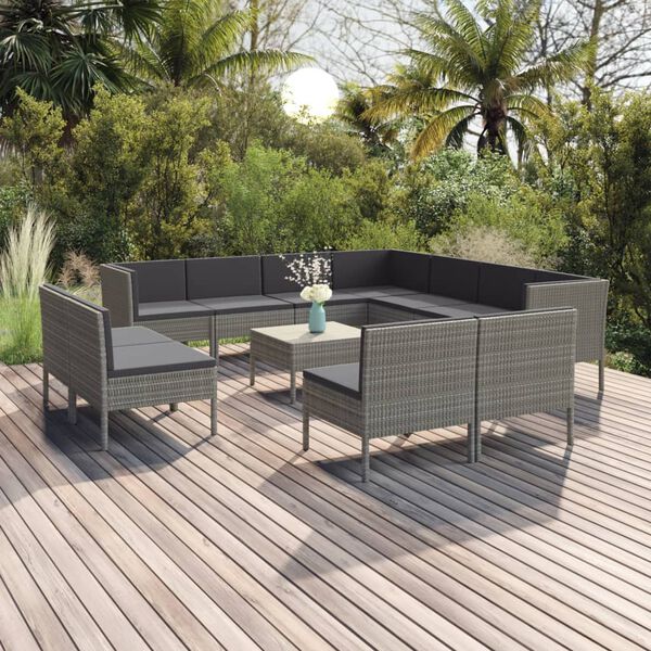 vidaXL 12 Piece Garden Lounge Set with Cushions Poly Rattan Grey